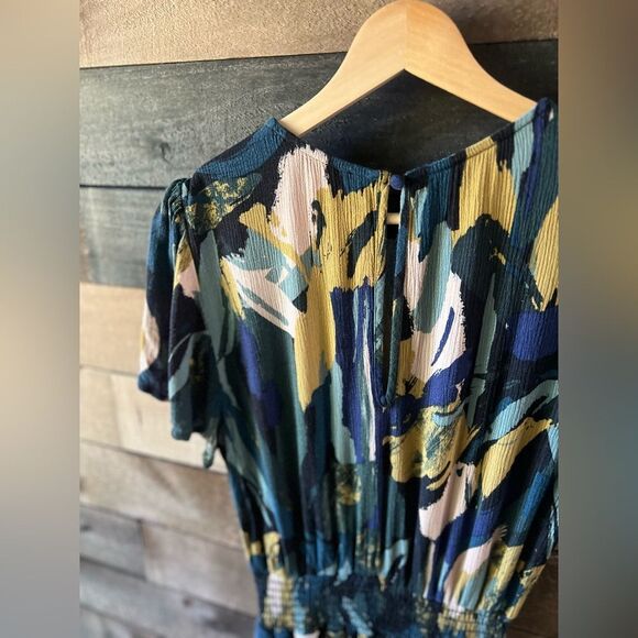 Evereve Abstract Print Elastic Waist Midi Dress Short Sleeve Size S Made in USA - Picture 10 of 10